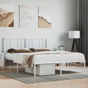 Elegant White Metal Double Bed Frame with Headboard Sturdy Steel Slats Storage