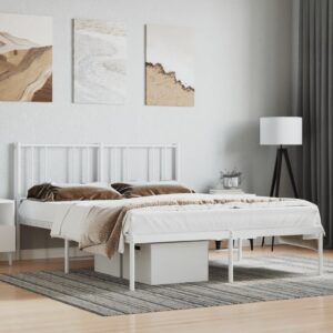 Elegant White Metal Queen Bed Frame with Headboard Sturdy Steel Slats Support