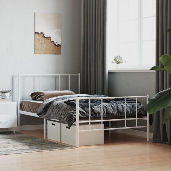 Elegant White Metal Single Bed Frame with Headboard Footboard Sturdy Steel Slats