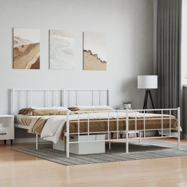 Elegant White King Size Metal Bed Frame with Headboard Footboard Sturdy Steel