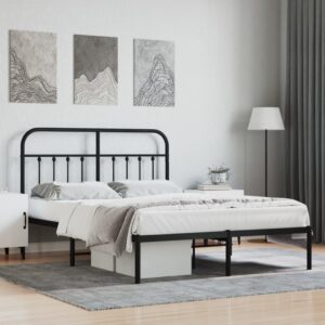 Elegant Black Metal Double Bed Frame with Headboard Sturdy Slats Storage Space