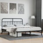 Elegant King Size Metal Bed Frame with Headboard Sturdy Steel Slats Black