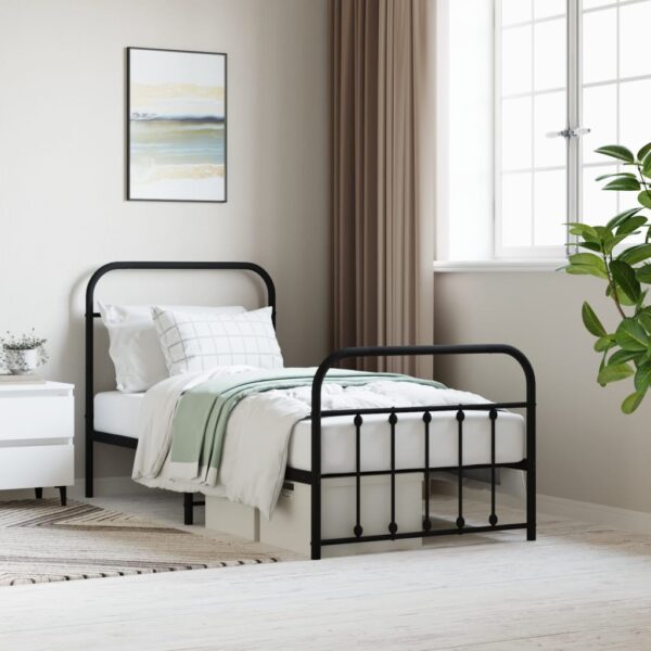 Elegant Single Metal Bed Frame with Headboard Footboard Black Sturdy Steel Slats