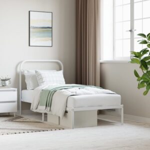 Elegant White Metal Single Bed Frame with Headboard Sturdy Steel Slats Support