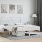 Elegant White Metal Double Bed Frame with Headboard Sturdy Slatted Base