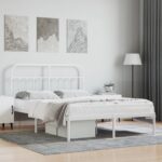 Queen Size White Metal Bed Frame with Elegant Headboard Sturdy Steel Construction