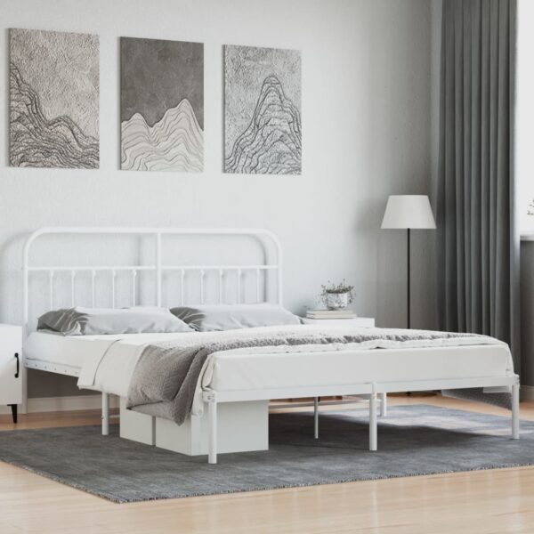 King Size White Metal Bed Frame with Elegant Headboard Sturdy Steel Construction