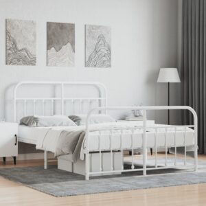 Elegant White Metal Double Bed Frame with Headboard Footboard Storage Space