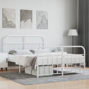 Elegant White Metal Queen Bed Frame with Headboard Footboard Storage Space