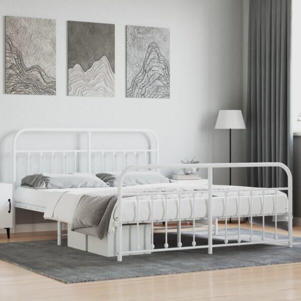 Elegant White Metal King Size Bed Frame with Headboard Footboard Storage Space