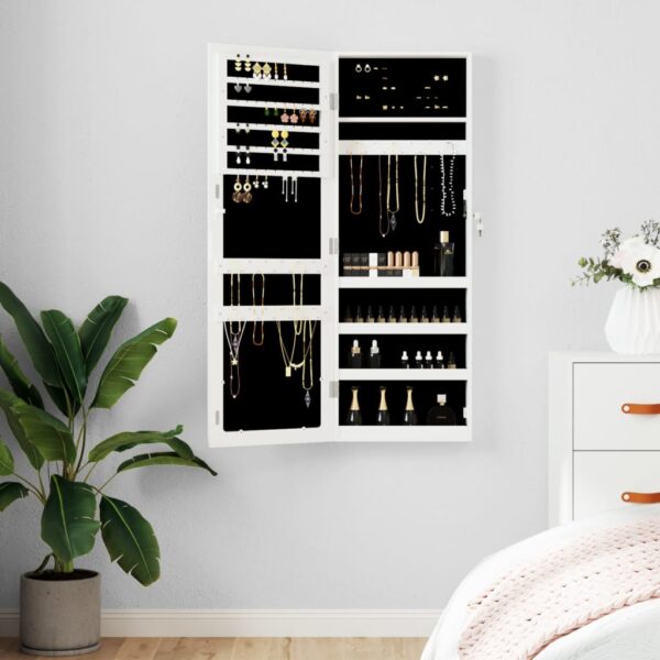 Wall Mounted White Mirror Jewellery Cabinet Lockable Full-Length Storage Organizer