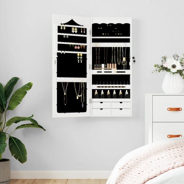 Wall Mounted White Mirror Jewellery Cabinet Lockable Storage Organizer Elegant