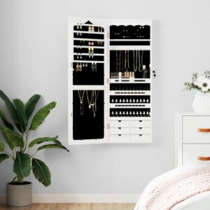 Wall Mounted White Mirror Jewellery Cabinet Lockable Full-Length Storage Organizer