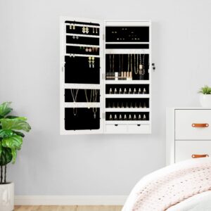 Wall Mounted LED Light Mirror Jewelry Cabinet Organizer White Lockable Storage