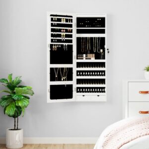 Wall Mounted White LED Mirror Jewellery Cabinet Lockable Storage Organizer