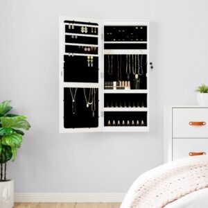 Wall Mounted White Jewellery Cabinet with LED Lights Mirror Lockable Organizer