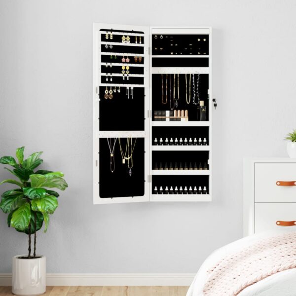 Wall Mounted White Mirror Jewellery Cabinet LED Lights Lockable Organizer