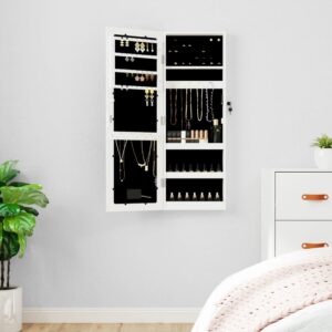 Wall Mounted LED Light Mirror Jewelry Cabinet Lockable White Organizer