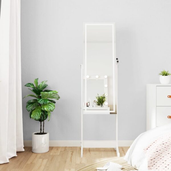 LED Lighted White Free Standing Full Length Mirror Jewelry Storage Cabinet