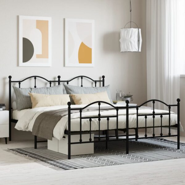 King Size Metal Bed Frame Elegant Headboard Footboard Sturdy Steel Black Finish