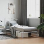 Elegant White Metal Single Bed Frame with Headboard Sturdy Steel Slats Storage