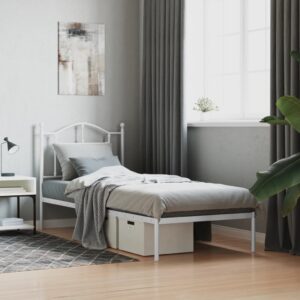 Elegant White Metal Single Bed Frame with Headboard Sturdy Steel Slats Storage