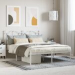 Elegant White Metal Queen Bed Frame with Headboard Sturdy Slatted Base