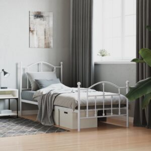 Elegant White Metal Single Bed Frame with Headboard Footboard Sturdy Slats