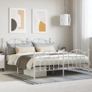 Elegant White Metal King Bed Frame with Headboard Footboard Sturdy Slats