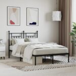 Elegant Black Metal Double Bed Frame with Headboard Sturdy Slatted Base