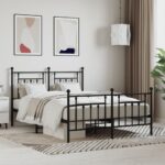 Elegant Queen Size Metal Bed Frame with Headboard Footboard Black Steel Robust