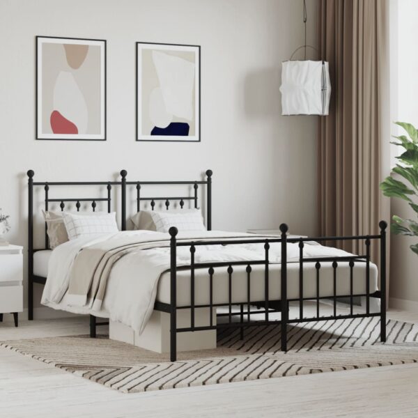 Elegant Queen Size Metal Bed Frame with Headboard Footboard Black Steel Robust