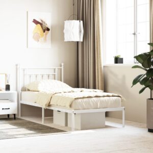 Elegant White Metal Single Bed Frame with Headboard Sturdy Steel Slats Support