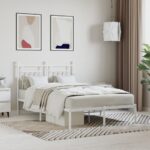 Elegant White Metal Double Bed Frame with Headboard Sturdy Slatted Base