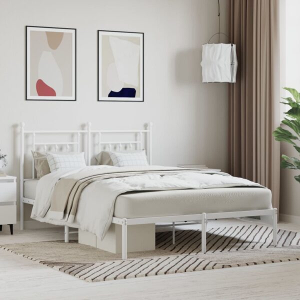 Queen Size White Metal Bed Frame with Elegant Headboard and Storage Space