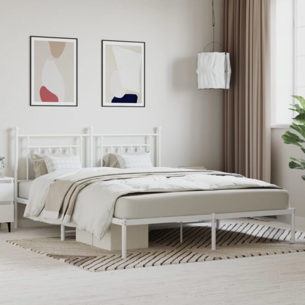 King Size White Metal Bed Frame with Elegant Headboard Sturdy Steel Construction