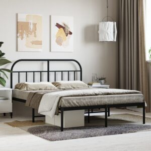 Elegant Double Metal Bed Frame with Headboard Sturdy Steel Slats Black Finish