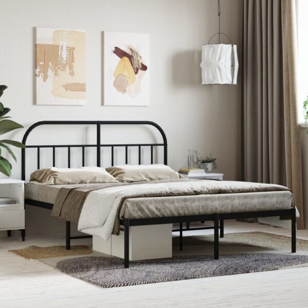 Queen Size Metal Bed Frame with Headboard Elegant Black Sturdy Steel Slats