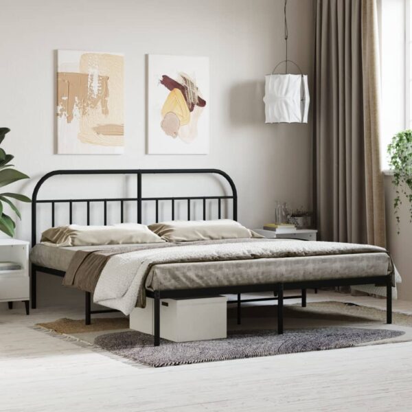 King Size Metal Bed Frame Elegant Headboard Sturdy Steel Slats Storage Space