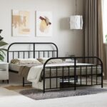 Elegant Queen Size Metal Bed Frame with Headboard Footboard in Black