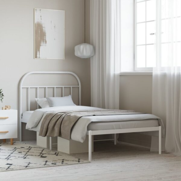 Elegant White Metal Bed Frame with Headboard Sturdy Steel Slats Storage Space