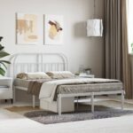 Elegant White Metal Double Bed Frame with Headboard Sturdy Steel Slats Support