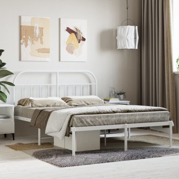 Queen Size White Metal Bed Frame with Elegant Headboard Sturdy Steel Construction