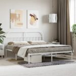 Elegant White King Size Metal Bed Frame with Headboard Sturdy Steel Construction