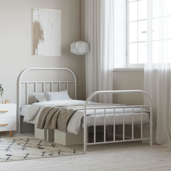 Elegant White Metal Bed Frame with Headboard Footboard Sturdy Steel Slats