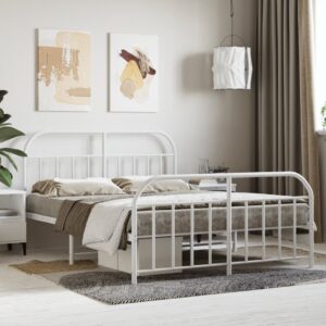 Elegant White Metal Double Bed Frame with Headboard Footboard Sturdy Design