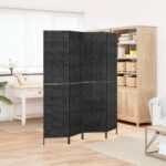 Elegant Woven Water Hyacinth Foldable Room Divider Privacy Screen Black Metal