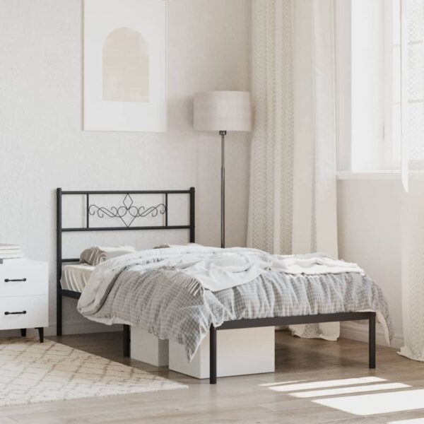 Elegant Single Metal Bed Frame with Headboard Sturdy Steel Slats Black Storage