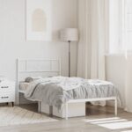 Elegant White Metal Single Bed Frame with Headboard Sturdy Steel Slats Storage