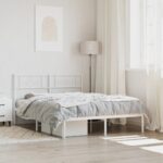 Elegant White Metal Bed Frame with Headboard Sturdy Steel Slats Storage Space